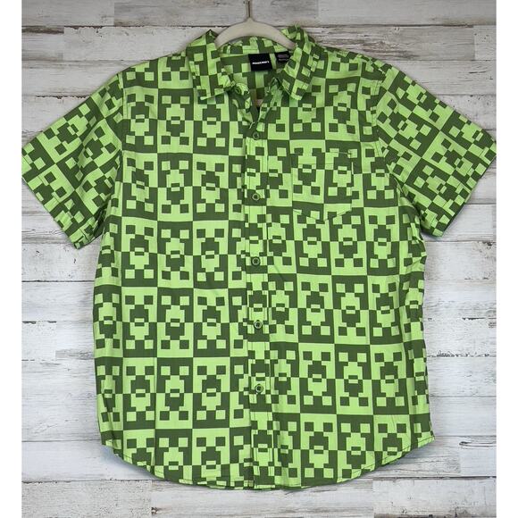 Minecraft Youth Boy’s Green Creeper Checkered Button Up Short Sleeve Sz XL - Picture 1 of 7